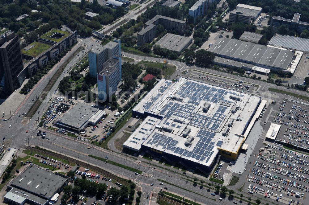 Berlin Lichtenberg from above - IKEA-Neubau Einrichtungshaus Berlin Lichtenberg an der Landsberger Allee , dem zweitgrößte Ikea-Standort in Europa mit 22 000 Quadratmetern und zugleich dem dritten Berliner Einrichtungshaus. View of the IKEA store area in Berlin Lichtenberg. It is the third furniture store in Berlin.