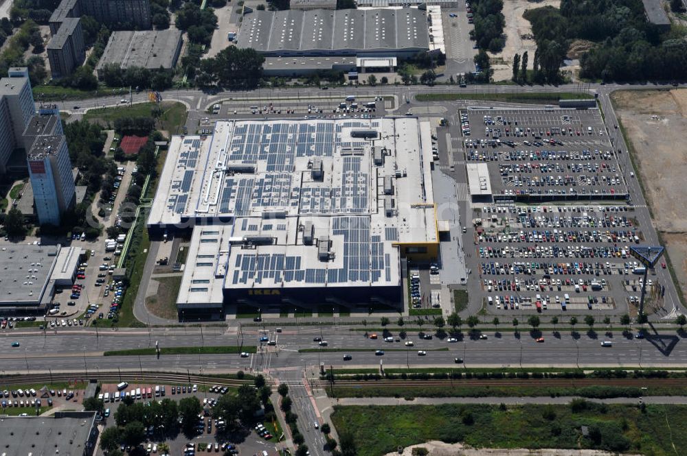 Berlin Lichtenberg from the bird's eye view: IKEA-Neubau Einrichtungshaus Berlin Lichtenberg an der Landsberger Allee , dem zweitgrößte Ikea-Standort in Europa mit 22 000 Quadratmetern und zugleich dem dritten Berliner Einrichtungshaus. View of the IKEA store area in Berlin Lichtenberg. It is the third furniture store in Berlin.