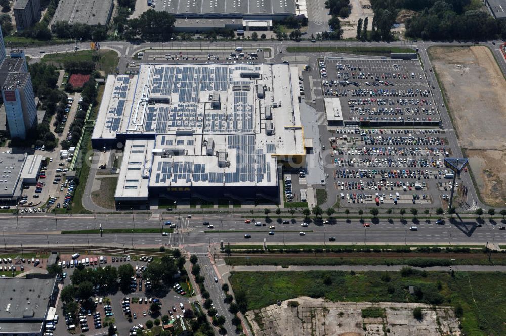 Aerial image Berlin Lichtenberg - IKEA-Neubau Einrichtungshaus Berlin Lichtenberg an der Landsberger Allee , dem zweitgrößte Ikea-Standort in Europa mit 22 000 Quadratmetern und zugleich dem dritten Berliner Einrichtungshaus. View of the IKEA store area in Berlin Lichtenberg. It is the third furniture store in Berlin.