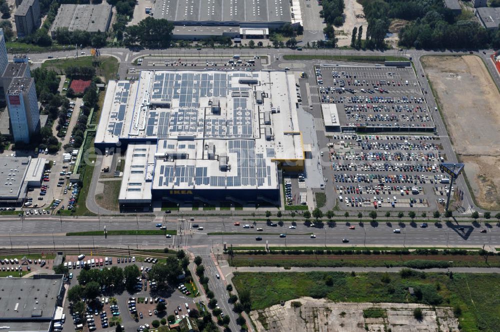 Aerial photograph Berlin Lichtenberg - IKEA-Neubau Einrichtungshaus Berlin Lichtenberg an der Landsberger Allee , dem zweitgrößte Ikea-Standort in Europa mit 22 000 Quadratmetern und zugleich dem dritten Berliner Einrichtungshaus. View of the IKEA store area in Berlin Lichtenberg. It is the third furniture store in Berlin.