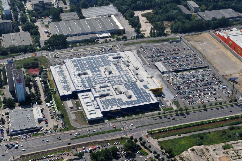 Berlin Lichtenberg from the bird's eye view: IKEA-Neubau Einrichtungshaus Berlin Lichtenberg an der Landsberger Allee , dem zweitgrößte Ikea-Standort in Europa mit 22 000 Quadratmetern und zugleich dem dritten Berliner Einrichtungshaus. View of the IKEA store area in Berlin Lichtenberg. It is the third furniture store in Berlin.