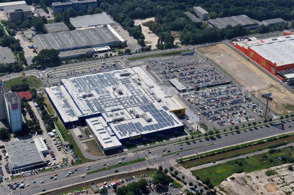 Aerial image Berlin Lichtenberg - IKEA-Neubau Einrichtungshaus Berlin Lichtenberg an der Landsberger Allee , dem zweitgrößte Ikea-Standort in Europa mit 22 000 Quadratmetern und zugleich dem dritten Berliner Einrichtungshaus. View of the IKEA store area in Berlin Lichtenberg. It is the third furniture store in Berlin.