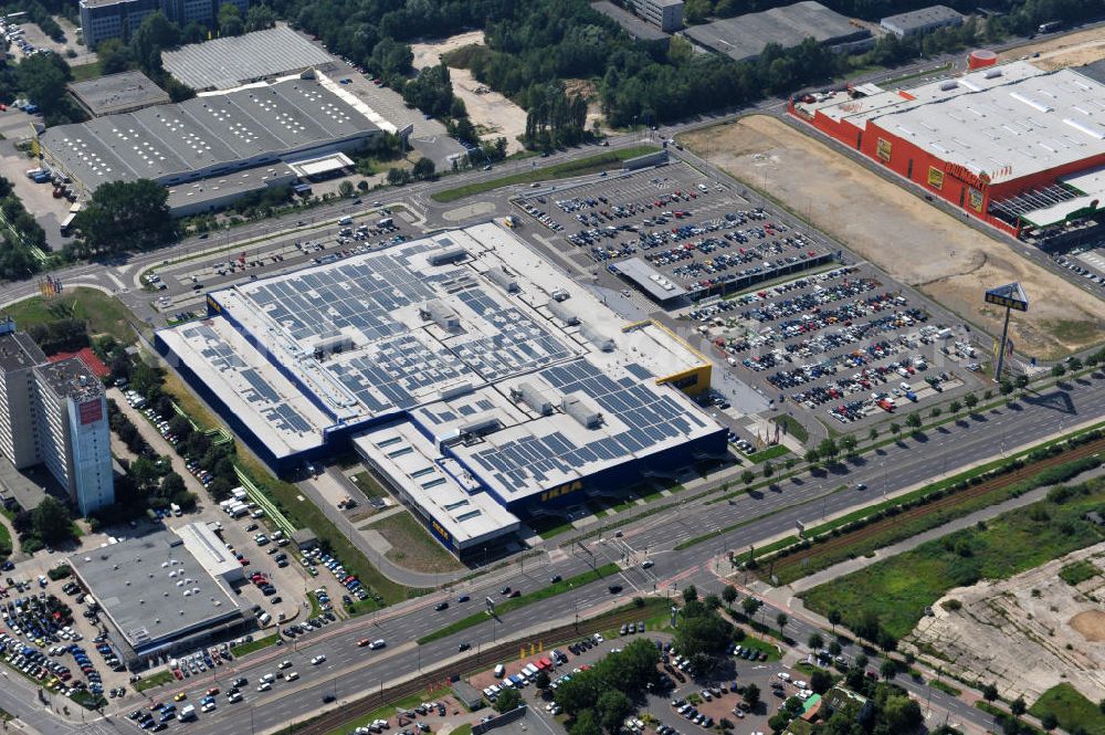 Aerial photograph Berlin Lichtenberg - IKEA-Neubau Einrichtungshaus Berlin Lichtenberg an der Landsberger Allee , dem zweitgrößte Ikea-Standort in Europa mit 22 000 Quadratmetern und zugleich dem dritten Berliner Einrichtungshaus. View of the IKEA store area in Berlin Lichtenberg. It is the third furniture store in Berlin.