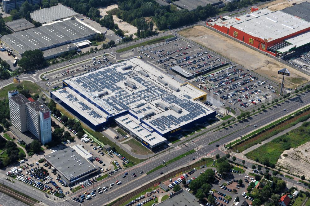 Berlin Lichtenberg from above - IKEA-Neubau Einrichtungshaus Berlin Lichtenberg an der Landsberger Allee , dem zweitgrößte Ikea-Standort in Europa mit 22 000 Quadratmetern und zugleich dem dritten Berliner Einrichtungshaus. View of the IKEA store area in Berlin Lichtenberg. It is the third furniture store in Berlin.