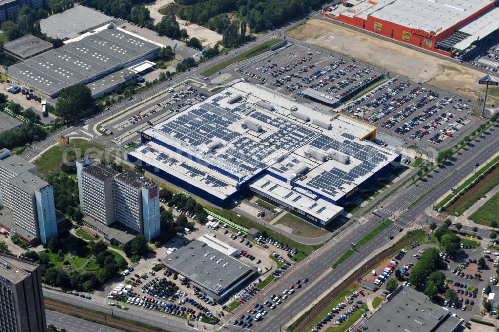 Berlin Lichtenberg from the bird's eye view: IKEA-Neubau Einrichtungshaus Berlin Lichtenberg an der Landsberger Allee , dem zweitgrößte Ikea-Standort in Europa mit 22 000 Quadratmetern und zugleich dem dritten Berliner Einrichtungshaus. View of the IKEA store area in Berlin Lichtenberg. It is the third furniture store in Berlin.