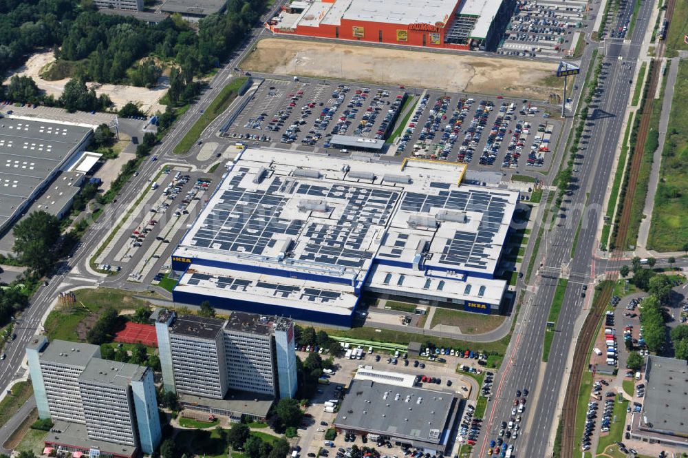 Aerial image Berlin Lichtenberg - IKEA-Neubau Einrichtungshaus Berlin Lichtenberg an der Landsberger Allee , dem zweitgrößte Ikea-Standort in Europa mit 22 000 Quadratmetern und zugleich dem dritten Berliner Einrichtungshaus. View of the IKEA store area in Berlin Lichtenberg. It is the third furniture store in Berlin.