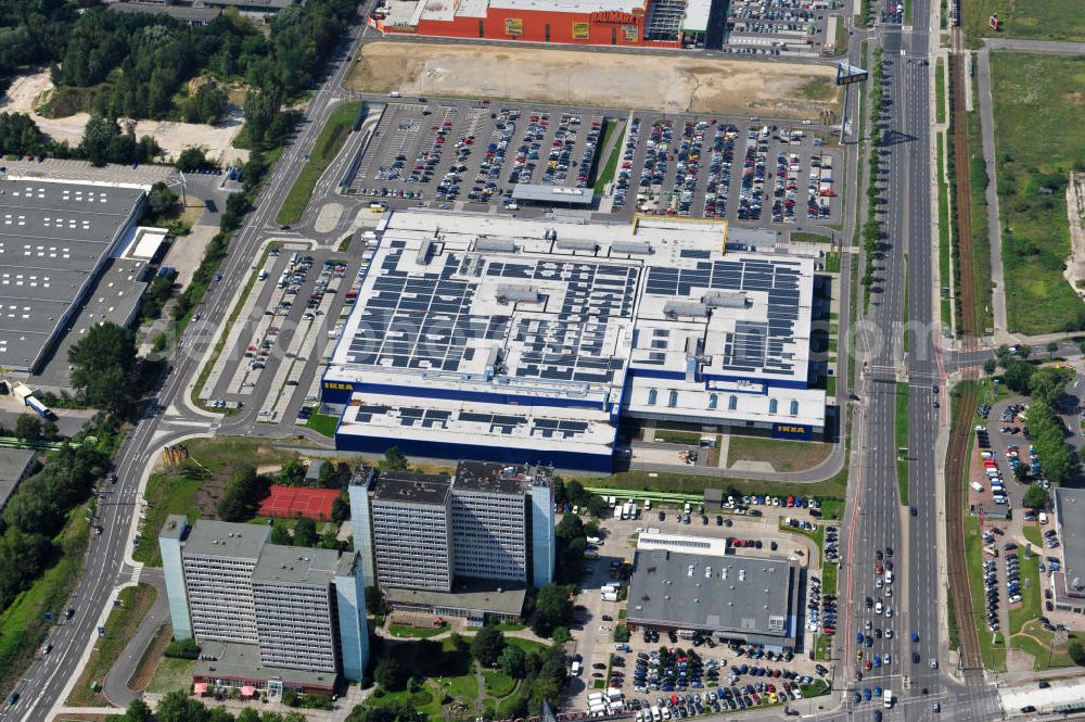 Aerial photograph Berlin Lichtenberg - IKEA-Neubau Einrichtungshaus Berlin Lichtenberg an der Landsberger Allee , dem zweitgrößte Ikea-Standort in Europa mit 22 000 Quadratmetern und zugleich dem dritten Berliner Einrichtungshaus. View of the IKEA store area in Berlin Lichtenberg. It is the third furniture store in Berlin.