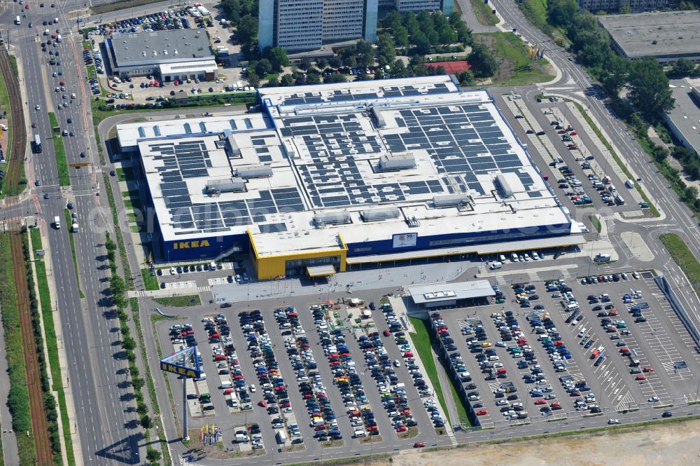 Aerial image Berlin Lichtenberg - IKEA-Neubau Einrichtungshaus Berlin Lichtenberg an der Landsberger Allee , dem zweitgrößte Ikea-Standort in Europa mit 22 000 Quadratmetern und zugleich dem dritten Berliner Einrichtungshaus. View of the IKEA store area in Berlin Lichtenberg. It is the third furniture store in Berlin.