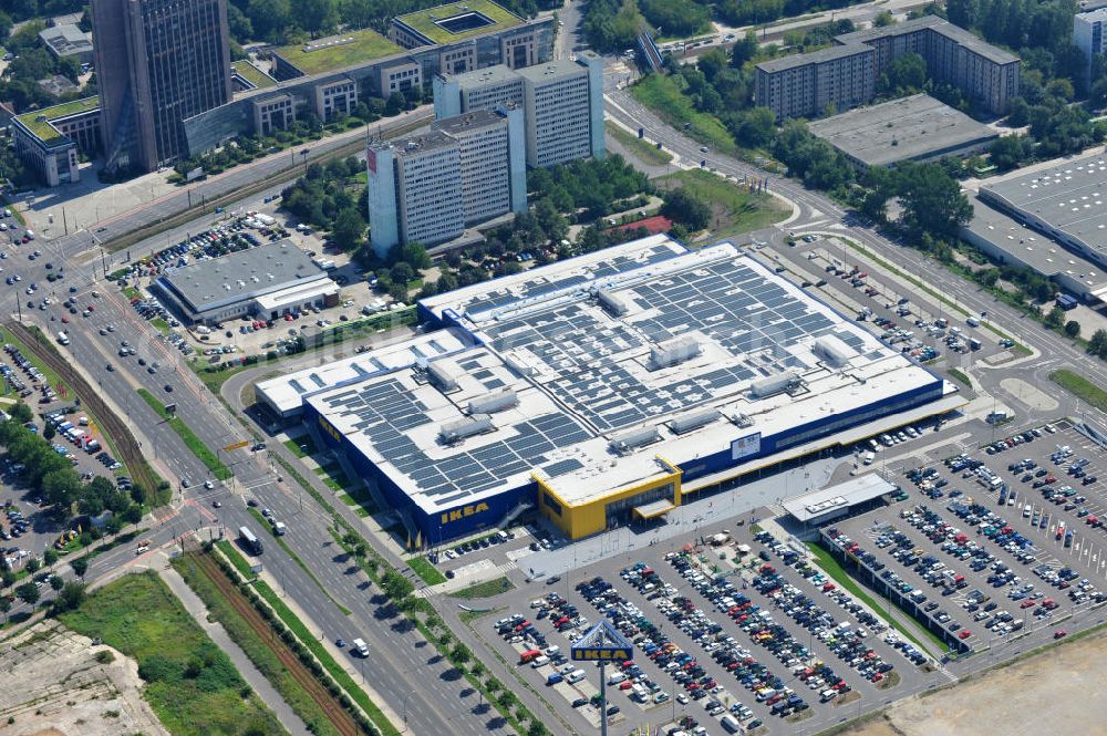 Aerial photograph Berlin Lichtenberg - IKEA-Neubau Einrichtungshaus Berlin Lichtenberg an der Landsberger Allee , dem zweitgrößte Ikea-Standort in Europa mit 22 000 Quadratmetern und zugleich dem dritten Berliner Einrichtungshaus. View of the IKEA store area in Berlin Lichtenberg. It is the third furniture store in Berlin.