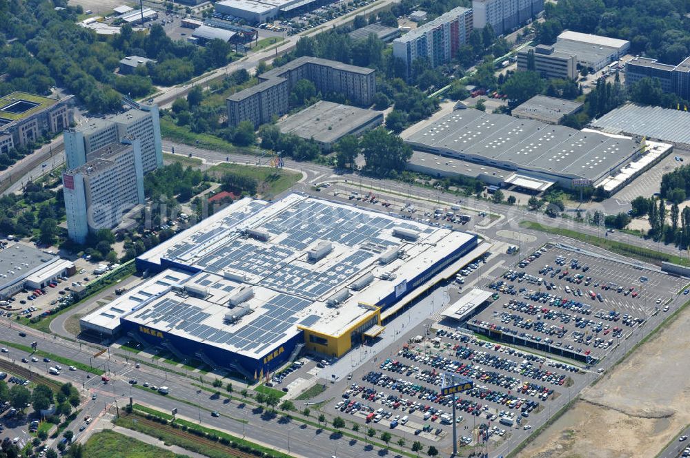 Berlin Lichtenberg from the bird's eye view: IKEA-Neubau Einrichtungshaus Berlin Lichtenberg an der Landsberger Allee , dem zweitgrößte Ikea-Standort in Europa mit 22 000 Quadratmetern und zugleich dem dritten Berliner Einrichtungshaus. View of the IKEA store area in Berlin Lichtenberg. It is the third furniture store in Berlin.