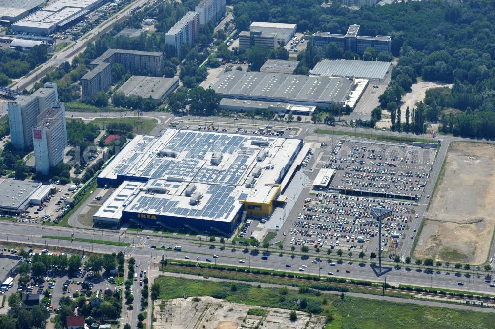 Aerial image Berlin Lichtenberg - IKEA-Neubau Einrichtungshaus Berlin Lichtenberg an der Landsberger Allee , dem zweitgrößte Ikea-Standort in Europa mit 22 000 Quadratmetern und zugleich dem dritten Berliner Einrichtungshaus. View of the IKEA store area in Berlin Lichtenberg. It is the third furniture store in Berlin.