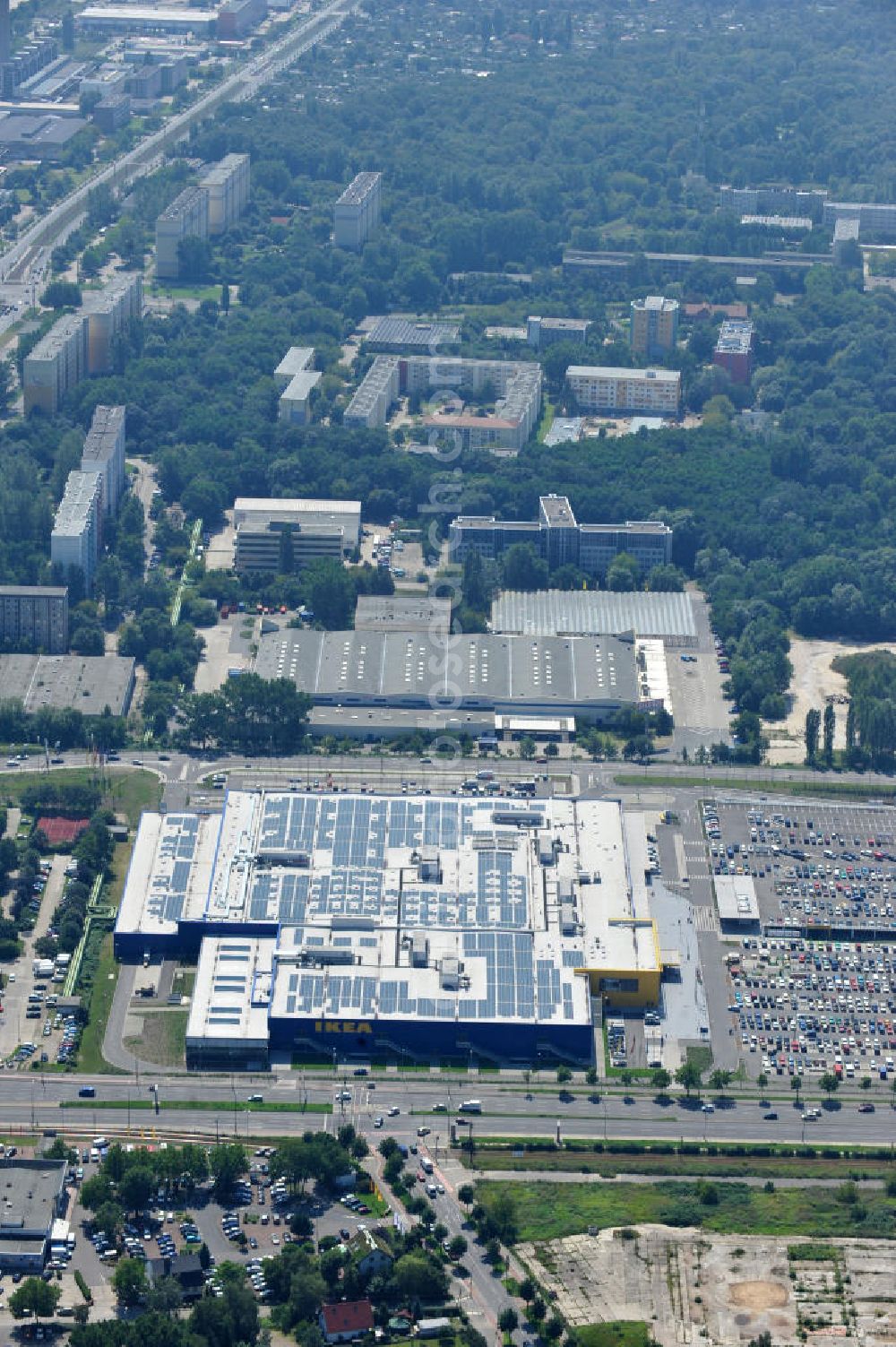 Berlin Lichtenberg from above - IKEA-Neubau Einrichtungshaus Berlin Lichtenberg an der Landsberger Allee , dem zweitgrößte Ikea-Standort in Europa mit 22 000 Quadratmetern und zugleich dem dritten Berliner Einrichtungshaus. View of the IKEA store area in Berlin Lichtenberg. It is the third furniture store in Berlin.