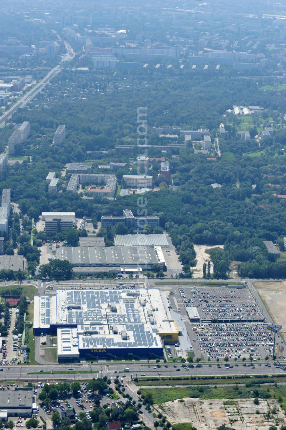 Berlin Lichtenberg from the bird's eye view: IKEA-Neubau Einrichtungshaus Berlin Lichtenberg an der Landsberger Allee , dem zweitgrößte Ikea-Standort in Europa mit 22 000 Quadratmetern und zugleich dem dritten Berliner Einrichtungshaus. View of the IKEA store area in Berlin Lichtenberg. It is the third furniture store in Berlin.