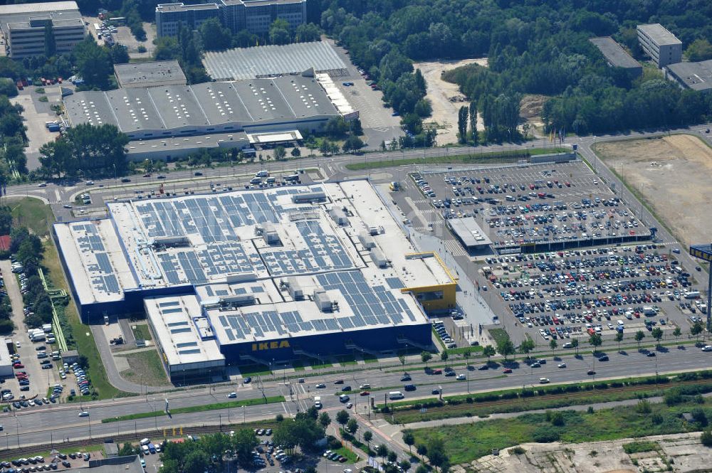 Aerial image Berlin Lichtenberg - IKEA-Neubau Einrichtungshaus Berlin Lichtenberg an der Landsberger Allee , dem zweitgrößte Ikea-Standort in Europa mit 22 000 Quadratmetern und zugleich dem dritten Berliner Einrichtungshaus. View of the IKEA store area in Berlin Lichtenberg. It is the third furniture store in Berlin.