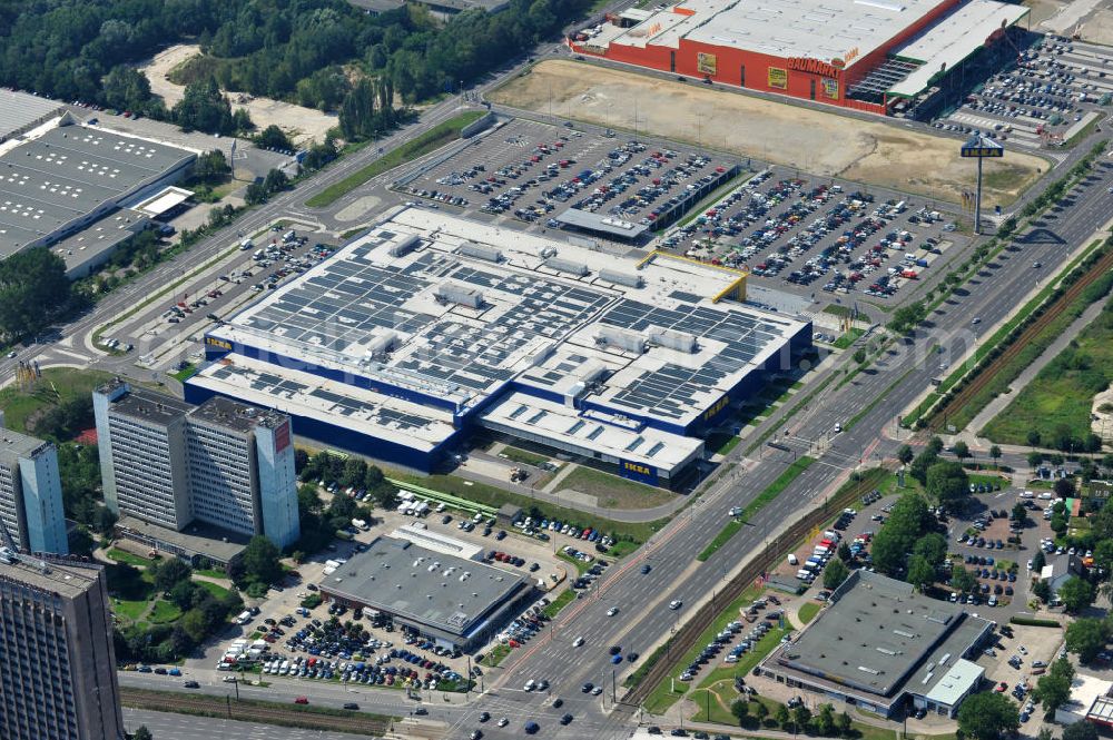 Aerial image Berlin Lichtenberg - IKEA-Neubau Einrichtungshaus Berlin Lichtenberg an der Landsberger Allee , dem zweitgrößte Ikea-Standort in Europa mit 22 000 Quadratmetern und zugleich dem dritten Berliner Einrichtungshaus. View of the IKEA store area in Berlin Lichtenberg. It is the third furniture store in Berlin.