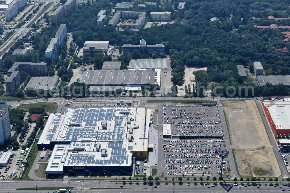 Berlin Lichtenberg from the bird's eye view: IKEA-Neubau Einrichtungshaus Berlin Lichtenberg an der Landsberger Allee , dem zweitgrößte Ikea-Standort in Europa mit 22 000 Quadratmetern und zugleich dem dritten Berliner Einrichtungshaus. View of the IKEA store area in Berlin Lichtenberg. It is the third furniture store in Berlin.