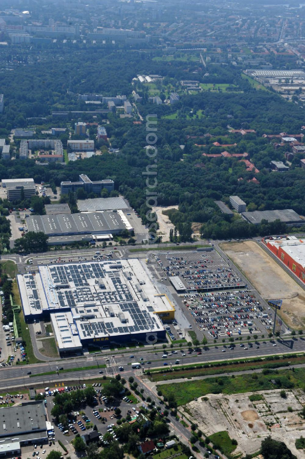 Berlin Lichtenberg from above - IKEA-Neubau Einrichtungshaus Berlin Lichtenberg an der Landsberger Allee , dem zweitgrößte Ikea-Standort in Europa mit 22 000 Quadratmetern und zugleich dem dritten Berliner Einrichtungshaus. View of the IKEA store area in Berlin Lichtenberg. It is the third furniture store in Berlin.