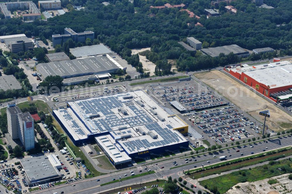 Aerial image Berlin Lichtenberg - IKEA-Neubau Einrichtungshaus Berlin Lichtenberg an der Landsberger Allee , dem zweitgrößte Ikea-Standort in Europa mit 22 000 Quadratmetern und zugleich dem dritten Berliner Einrichtungshaus. View of the IKEA store area in Berlin Lichtenberg. It is the third furniture store in Berlin.