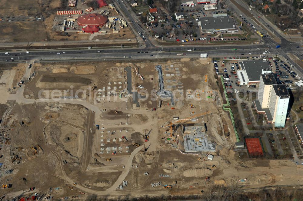 Aerial image Berlin - Blick auf die IKEA Neubaufläche in Berlin Lichtenberg. Bis zum November dieses Jahres entsteht hier an der Landsberger Allee der zweitgrößte Ikea-Standort in Europa mit 22 000 Quadratmetern und zugleich das vierte Berliner Einrichtungshaus. Eröffnung soll Anfang November 2010 sein. Look at the new IKEA area in Berlin Lichtenberg. By November of this year is being created here at the Landsberger Allee is the second largest Ikea site in Europe with 22 000 square meters, while the fourth store in Berlin. Opening will be the beginning of November 2010.