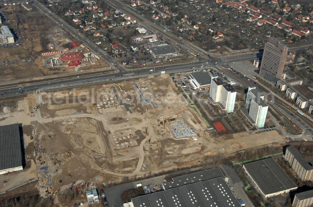 Aerial photograph Berlin - Blick auf die IKEA Neubaufläche in Berlin Lichtenberg. Bis zum November dieses Jahres entsteht hier an der Landsberger Allee der zweitgrößte Ikea-Standort in Europa mit 22 000 Quadratmetern und zugleich das vierte Berliner Einrichtungshaus. Eröffnung soll Anfang November 2010 sein. Look at the new IKEA area in Berlin Lichtenberg. By November of this year is being created here at the Landsberger Allee is the second largest Ikea site in Europe with 22 000 square meters, while the fourth store in Berlin. Opening will be the beginning of November 2010.