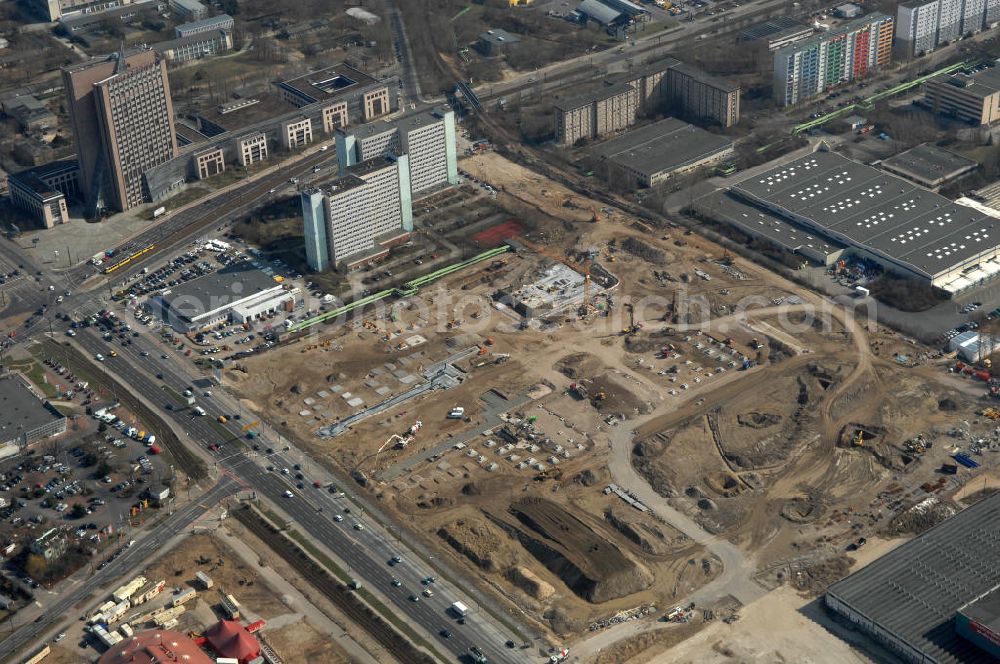 Berlin from the bird's eye view: Blick auf die IKEA Neubaufläche in Berlin Lichtenberg. Bis zum November dieses Jahres entsteht hier an der Landsberger Allee der zweitgrößte Ikea-Standort in Europa mit 22 000 Quadratmetern und zugleich das vierte Berliner Einrichtungshaus. Eröffnung soll Anfang November 2010 sein. Look at the new IKEA area in Berlin Lichtenberg. By November of this year is being created here at the Landsberger Allee is the second largest Ikea site in Europe with 22 000 square meters, while the fourth store in Berlin. Opening will be the beginning of November 2010.