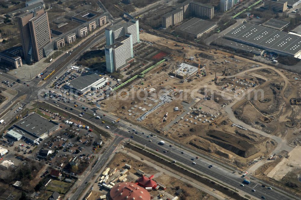 Aerial image Berlin - Blick auf die IKEA Neubaufläche in Berlin Lichtenberg. Bis zum November dieses Jahres entsteht hier an der Landsberger Allee der zweitgrößte Ikea-Standort in Europa mit 22 000 Quadratmetern und zugleich das vierte Berliner Einrichtungshaus. Eröffnung soll Anfang November 2010 sein. Look at the new IKEA area in Berlin Lichtenberg. By November of this year is being created here at the Landsberger Allee is the second largest Ikea site in Europe with 22 000 square meters, while the fourth store in Berlin. Opening will be the beginning of November 2010.