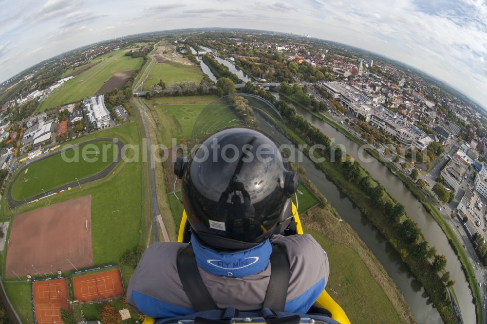 Hamm from the bird's eye view: Fisheye view out of a gyrocopter in flight with the registration D-MCMD above the urban area of Hamm in the federal state North Rhine-Westphalia
