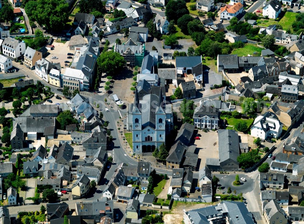 Aerial image Polch - The Catholic Church of St. Stephen was built in 1849-1852 in the neo-Romanesque style. The twin towers are 50 meters high. It is located in the center of the village