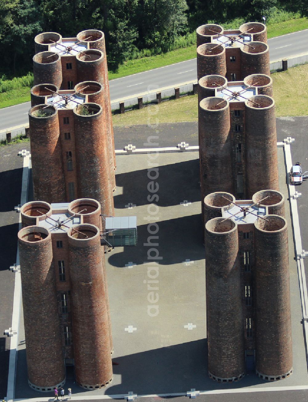 Lauchhammer from above - Industrial monument of the technical plants and production halls of the premises bio towers in Lauchhammer in the state Brandenburg, Germany