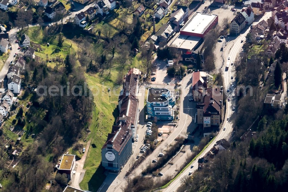 Schramberg from above - Industrial monument of the technical plants and production halls of the premises ehem Junghans Uhren in Schramberg in the state Baden-Wuerttemberg, Germany