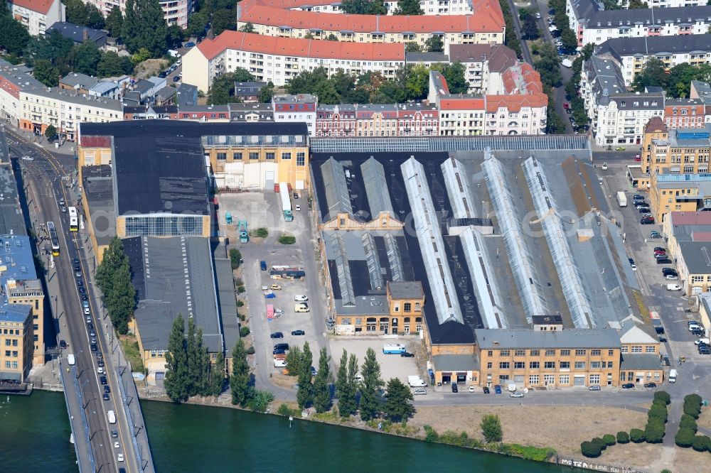 Berlin from above - Industrial monument of the technical plants and production halls of the premises Kultur- and Technologiezentrum Rathenau - Hallen on Wilhelminenhofstrasse - Rathenaustrasse in the district Schoeneweide in Berlin, Germany