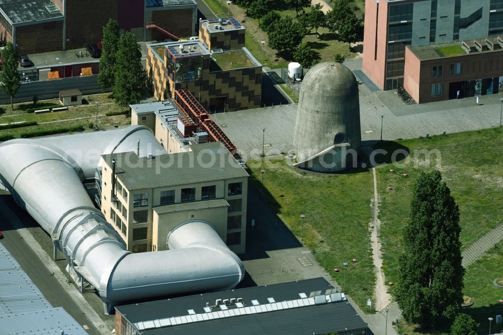 Aerial photograph Berlin - Industrial monument of the technical plants and production halls of the premises Wind tunnel ond spin tower in the district Adlershof in Berlin, Germany