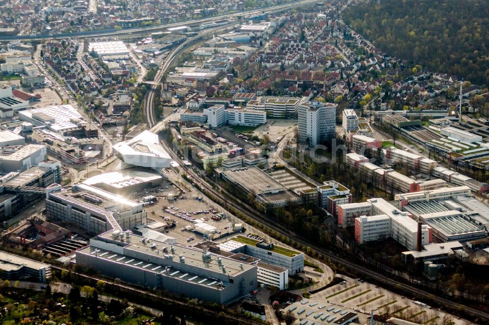 Zuffenhausen from the bird's eye view: Industrial monument of the technical plants and production halls and the Porsche Museum in Zuffenhausen in the state Baden-Wurttemberg, Germany