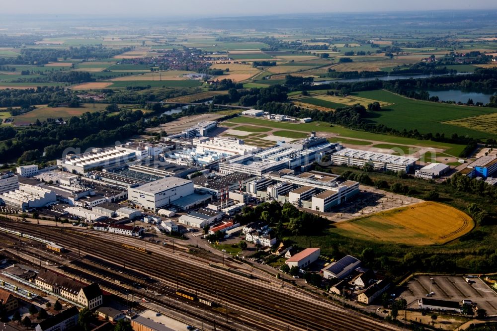 Donauwörth from above - Industrial and commercial area with facilities of Airbus Helicopters Deutschland GmbH in the district Riedlingen in Donauwoerth in the state Bavaria, Germany