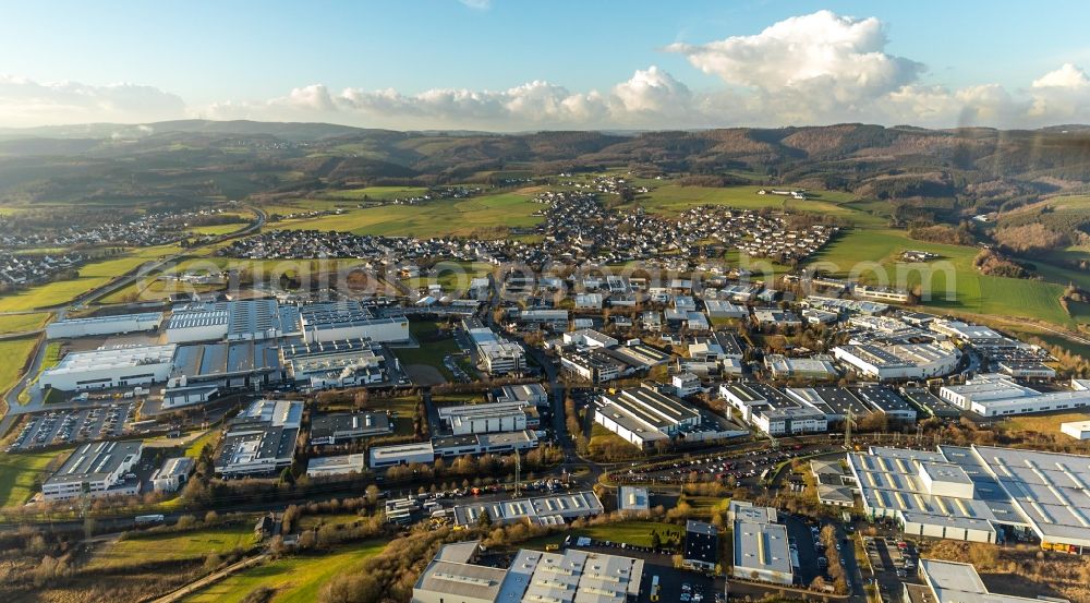 Attendorn from the bird's eye view: Industrial and commercial area along the Benzstrasse - Gutenbergstrasse in Attendorn in the state North Rhine-Westphalia, Germany