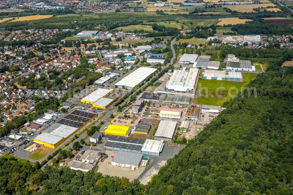 Bergkamen from above - Industrial and commercial area along the Industriestrasse in Bergkamen in the state North Rhine-Westphalia, Germany