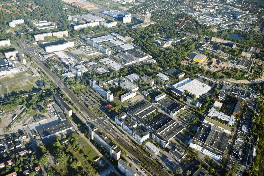 Berlin from above - Industrial and commercial area Rhinstrasse - Allee der Kosmonauten destrict Marzahn in Berlin