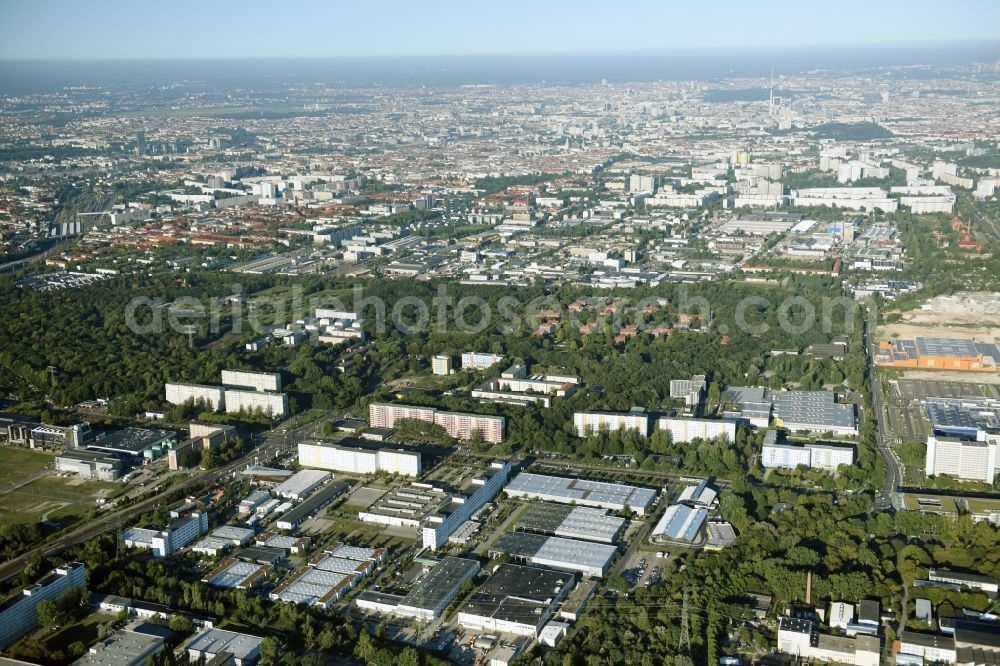 Berlin from above - Industrial and commercial area Rhinstrasse - Allee der Kosmonauten destrict Marzahn in Berlin