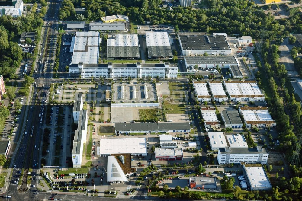 Berlin from above - Industrial and commercial area Rhinstrasse - Allee der Kosmonauten destrict Marzahn in Berlin