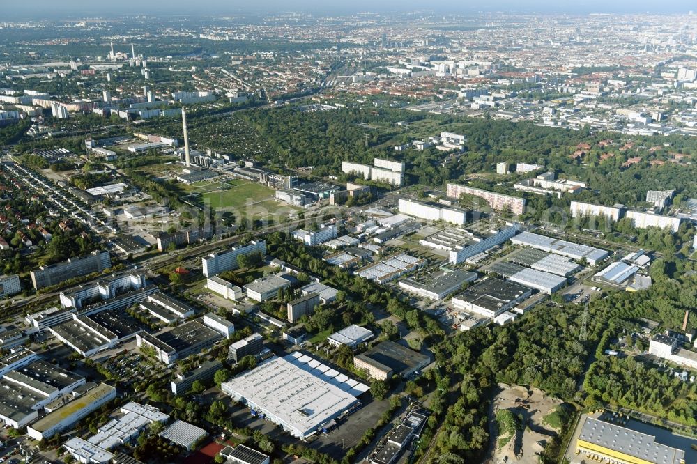 Berlin from above - Industrial and commercial area Rhinstrasse - Allee der Kosmonauten destrict Marzahn in Berlin