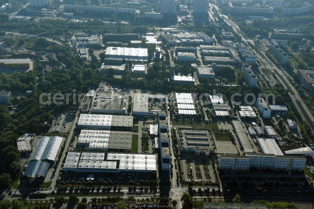 Berlin from above - Industrial and commercial area Rhinstrasse - Allee der Kosmonauten destrict Marzahn in Berlin