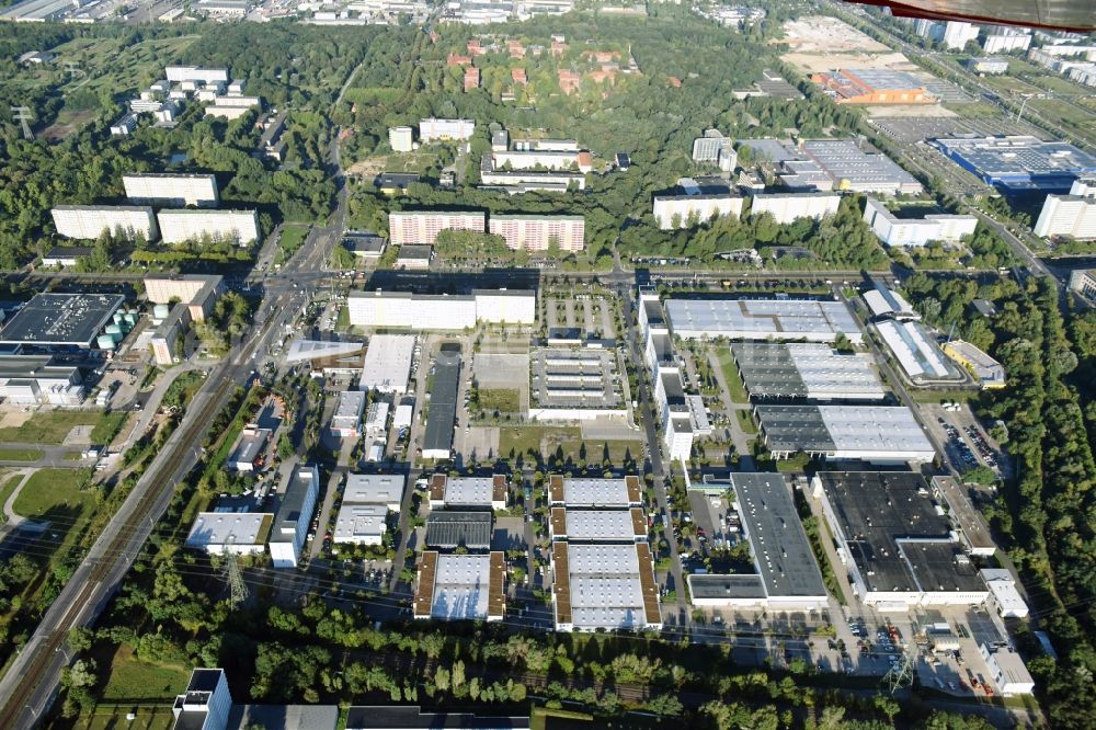 Berlin from above - Industrial and commercial area Rhinstrasse - Allee der Kosmonauten destrict Marzahn in Berlin