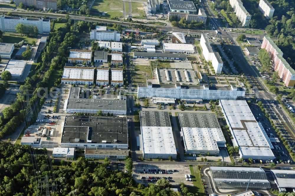 Berlin from above - Industrial and commercial area Rhinstrasse - Allee der Kosmonauten destrict Marzahn in Berlin