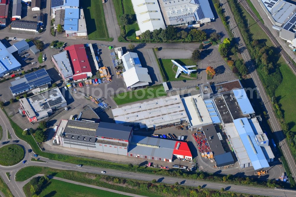 Aerial photograph Biberach - Factory premises of Hydro Systems KG with the display of an Tupolew Tu-134A in the industrial and commercial area in Biberach in the state Baden-Wurttemberg, Germany