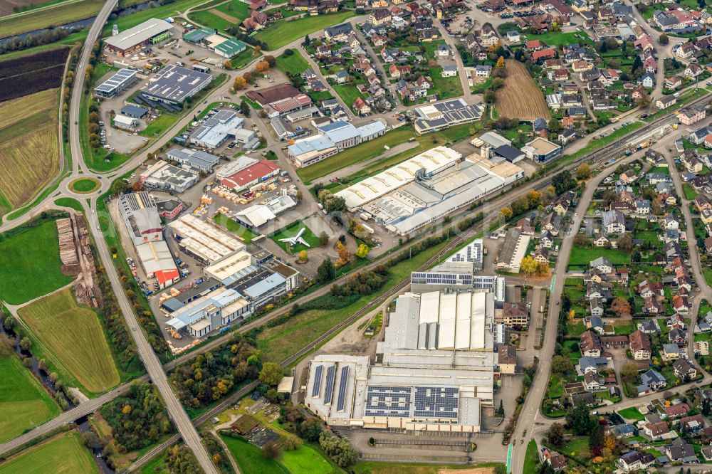 Biberach from above - Factory premises of Hydro Systems KG with the display of an Tupolew Tu-134A in the industrial and commercial area in Biberach in the state Baden-Wurttemberg, Germany