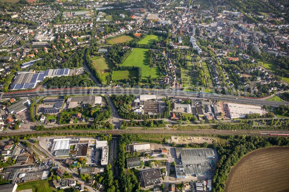 Aerial image Bochum - Industrial and commercial area along the Ottostrasse - Fritz-Reuter-Strasse in Bochum in the state North Rhine-Westphalia, Germany