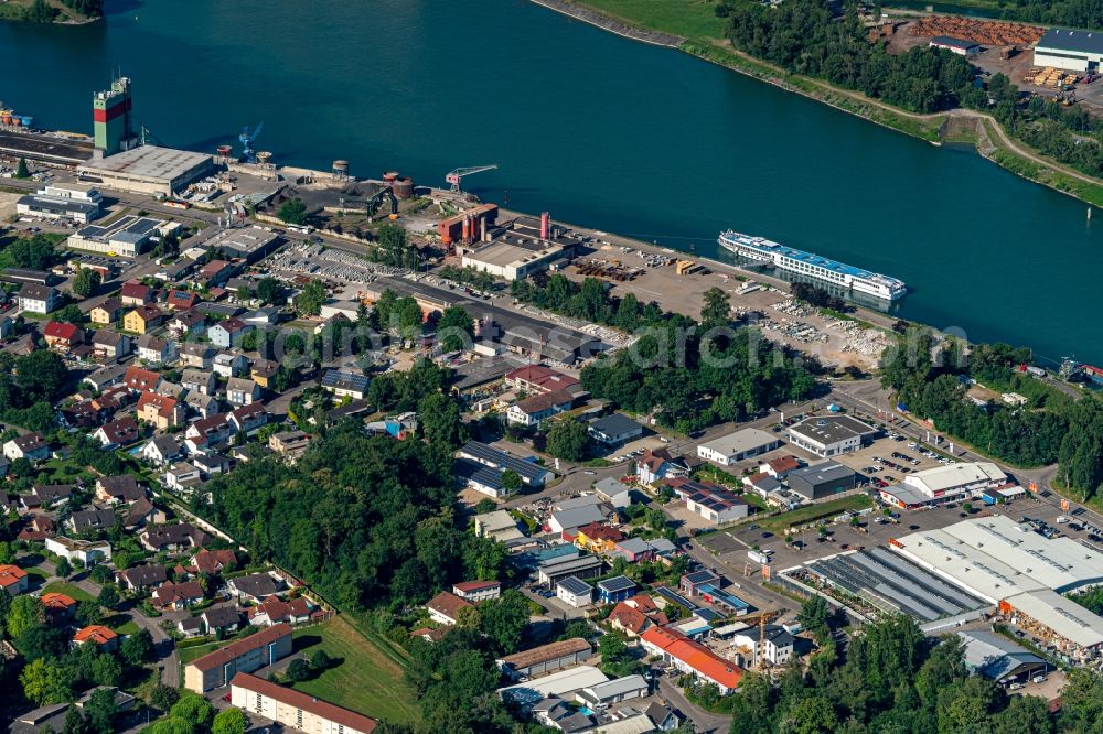 Breisach am Rhein from above - Industrial and commercial area on Rheinhafen in Breisach am Rhein in the state Baden-Wurttemberg, Germany