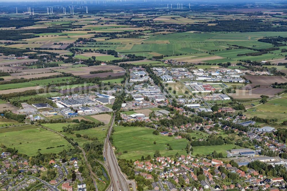 Bremervörde from the bird's eye view: Industrial and commercial area along the Industriestrasse - Buergermeister-Reitmann-Strasse in Bremervoerde in the state Lower Saxony, Germany