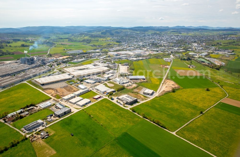 Aerial image Brilon - Industrial and commercial area with the factory premises of Oventrop GmbH & Co. KG along the Nehdener Weg in Brilon in the state of North Rhine-Westphalia, Germany