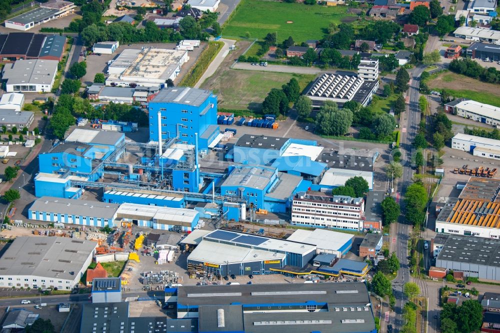 Buxtehude from above - Industrial and commercial area in Buxtehude in the state Lower Saxony, Germany